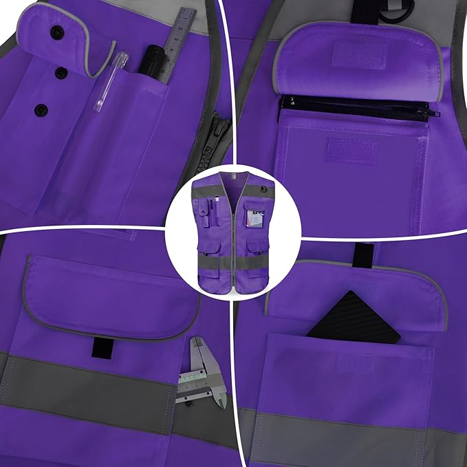 TCCFCCT Purple Safety Vest for Men Women 9 Pockets High Visibility Reflective Vest for Safety, Work Vest with Reflective Strips, Meets ANSI/ISEA Standards, Large