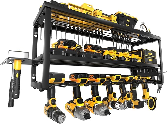 Power Tool Organizer Wall Mount for Tool Storage, Heavy Duty 7 Slots Cordless Drill Holder and Battery Shelf, Metal Tool Holder and Storage Rack with Charging Station for Garage Organization