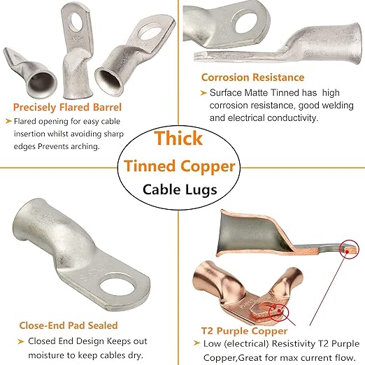 000 Gauge Tinned Copper Cable Lugs 8 PCS 3/0 AWG-1/2(M12) Ring Terminal Heavy Duty Wire Lugs Battery Lugs, 8 PCS 3/0 Guage terminals Battery Cable Ends Connectors with 8 PCS 3:1 Heat Shrink Tube