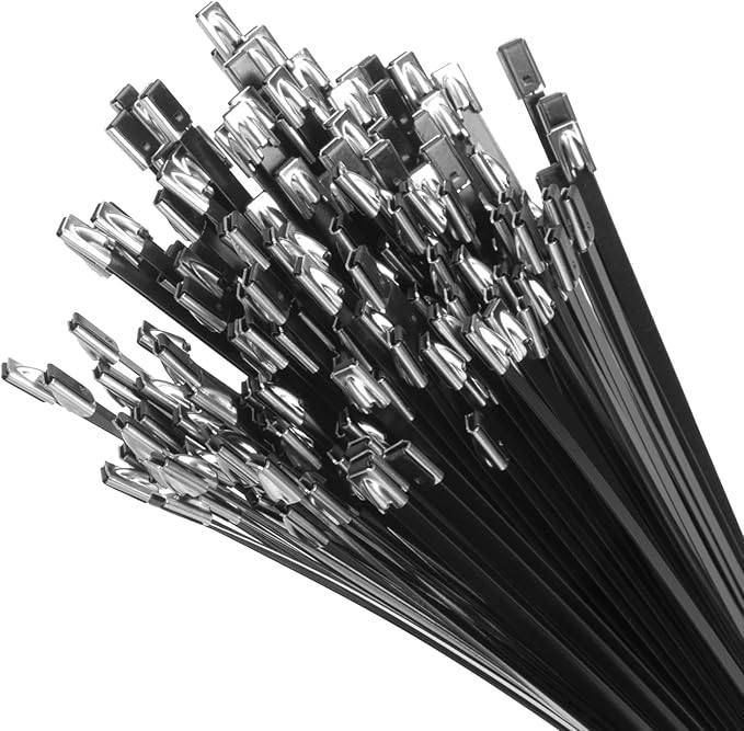 XINGO 14 inch Black Metal Zip Ties (100 Pack), 304 Stainless Steel Heavy Duty Zip Ties, 300lbs Tensile Strength, Multi-Purpose Self-locking Cable Ties for Exhaust Wrap, Outdoor and Canopy Etc