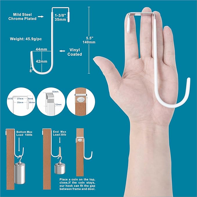 Over The Door Metal Hooks with Plastic Coating 5.5" Fit 0.5" to 1 3/8" Door 8 Pcs Heavy Duty Single Towel Robe Rack Wreath Bathroom Shower Hanger Shoe Organizer Ironing Board Short White
