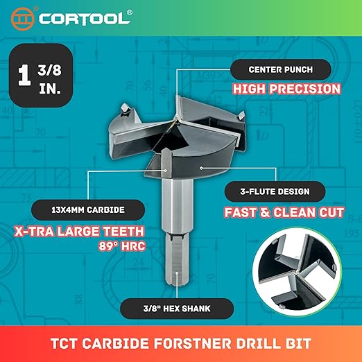 Forstner Drill Bit 1-3/8 Inch, Triple-Flute Carbide Tipped Forstner Bit for Hard Wood, Soft Wood, Veneered Plywood, Plastic, Drilling Hole Saw Woodworking Hinge Cutter Tool