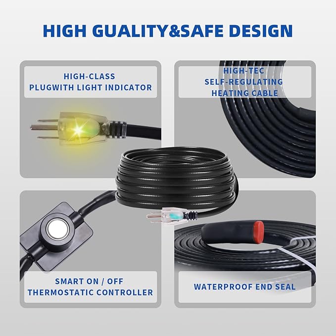 30FT Heat Cable for Water Pipes, Prevent Freezing & Easy Installation, Water Pipe Heat Cable With Thermostat Self-Regulating, Pipe Heating Trace System 120 V