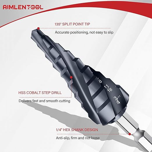 M35 Four Spiral Flute Cobalt Step Drill Bit, 1/4"-3/4" Wear-Resistant TiAlN Coated Four-Flute Step Bit, 1/4" Hex Shank Unibit Step Bit for Metal, Stainless Steel, Aluminum, Wood, Plastic