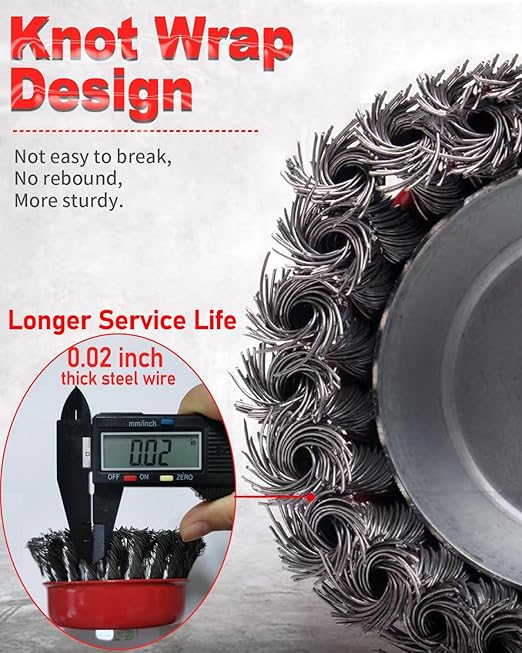 4" Wire Wheel Cup Brush, Coarse Twisted Knotted Wire Wheel for Angle Grinder, 5/8 Inch-11 Threaded Arbor, 0.020" Carbon Steel Wire Brush for Grinder, Heavy Cleaning Rust, Abrasive. (2)