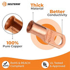 SELTERM 25pcs 4 AWG 5/16" Stud Battery Lugs, Ring Terminals, Heavy Duty Copper Wire Lugs, Battery Cable Ends, 4 Guage Ring Terminal Connectors, UL Bare Copper Eyelets Electrical Battery Cable Lugs