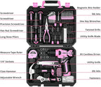 DEKOPRO Drill Set: Tool Set with 8V Pink Cordless Drill, Home Tool Kit with Drill, Hand Tool Kits for Women 126 Piece