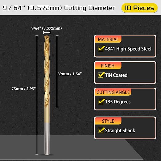 Drill Bit, 9/64" Cutting Diameter, 4341 HSS TiN Coated 135° Cutting Angle Jobber Bits - (Applications: for Drilling Soft Metal Plastic Wood), 10-Pieces