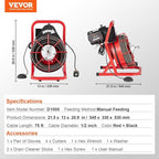 VEVOR Drain Cleaner Machine 75FT x 1/2 Inch, Sewer Snake Auger Manual Feed, 370W Electric Drain Cleaning Machine with 4 Cutters & Air-activated Foot Switch for 2" to 4" Pipes