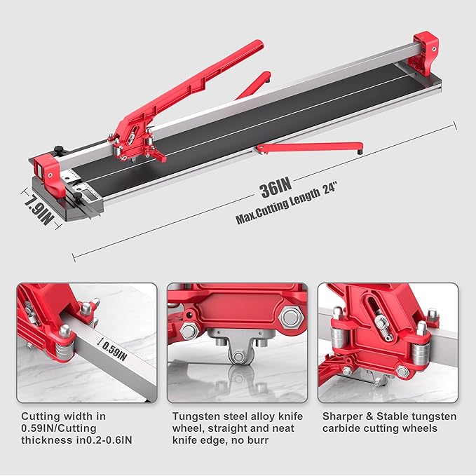 SHIJING 24-inch Manual Tile Cutter with Laser Cutting Guide Porcelain Tile Cutter with Split Platen,Double Aluminum Base,Tungsten Carbide Cutting Wheel