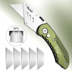 Vickay Folding Utility Knife, Box Cutter with 5 SK5 Quick Change Blades, Safety Axis Lock Design Razor Knife, Lightweight Aluminum Handle Belt Clip for Office Home Artcraft (Olive Green)