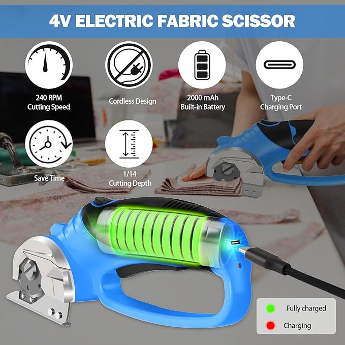 Cordless Electric Scissors, 4V Box Cutter & Cardboard Cutter with 2 Titanium Blades - Rotary Cutter with LED Light for Fabric, Leather, Carpet, Plastic, Crafting + Storage Case (Blue)