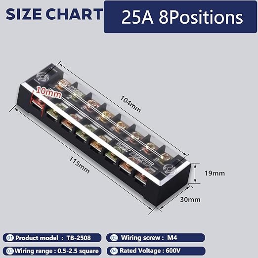 Terminal Block (4 Sets) 4Pcs 8 Positions Dual Row 600V 25A Screw Terminal Strip Blocks with Cover&4Pcs Pre-Insulated Barrier Termina Block Strip&32Pcs Insulated Fork Wire Connector