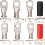 Tinned Copper Lugs 2 4 6 Gauge Battery Cable Ends Kit 72pcs,2 AWG 4 AWG 6 AWG Cable Lugs with 5/16" and 3/8"Ring Terminal Marine Grade Battery Terminal Connectors Crimp Wire lugs with Heat Shrink Tube