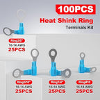 AIRIC 16-14 AWG Heat Shrink Ring Terminals Kit #10, 1/4", 5/16", 3/8", Copper Terminal Connector Ends, Battery Cable Lugs, Blue Electrical Crimp Connectors, Wire Lug for 16, 14 Gauge Wires, 100 PCS
