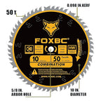 FOXBC 10 Inch Combination Saw Blade, 50-Tooth, Wood Cutting, 5/8-Inch Arbor