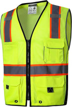 SKSAFETY 10 Pockets Professional level Safety Vest, Class 2 High Visibility Security Vest with Zipper, Hi Vis Vest with Reflective Strips, ANSI/ISEA Standard, Construction Work Vest（Lime, M）