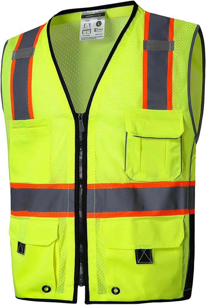 SKSAFETY 10 Pockets Professional level Safety Vest, Class 2 High Visibility Security Vest with Zipper, Hi Vis Vest with Reflective Strips, ANSI/ISEA Standard, Construction Work Vest（Lime, M）