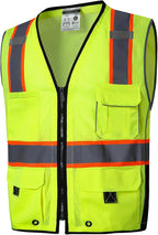 SKSAFETY 10 Pockets Professional level Safety Vest, Class 2 High Visibility Security Vest with Zipper, Hi Vis Vest with Reflective Strips, ANSI/ISEA Standard, Construction Work Vest（Lime, XL）