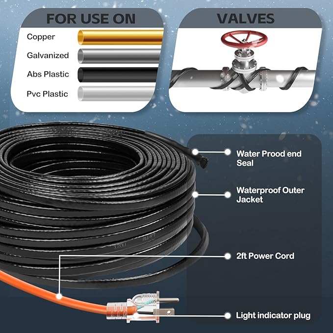 120FT（3FT-200FT）Pipe Heating Cable for Pipe Freeze Protection, Heat Cable for Water Pipes(Metal and Plastic), Pipe Heat Tape Keeps Water Flowing at -40°F 5w/ft, 120V