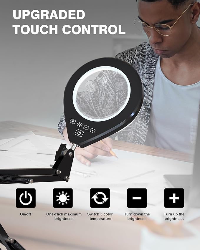 Magnifying Glass with Light, 10X & 5X Real Glass & Anti-Glare Lens, 5 Color Mode Stepless Dimmable LED Desk Magnifying Lamp, Hands-Free Desk Lamp with Clamp for Crafts Reading Repair Hobby (White)