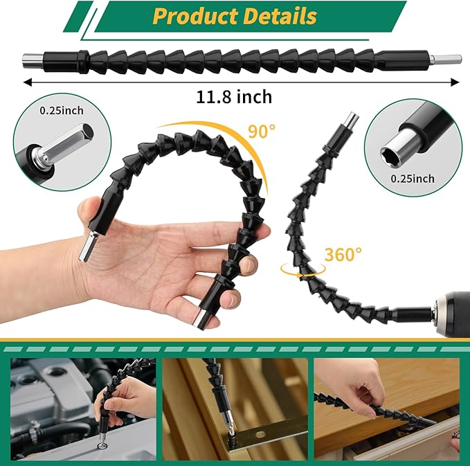 19 Pcs Flexible Drill Bit Extension Kit, Includes 2 Pcs 105° Right Angle Drill Attachment, 3 Pcs Rotatable Socket Adapter, 10+2 Pcs Screwdriver Bits & Bendable Extension for Tight Spaces