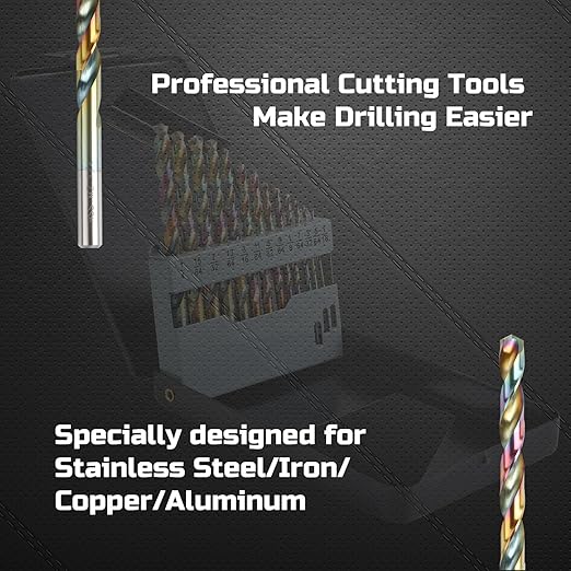 Lichamp Drill Bit Set, 29Pcs M2 HSS Cobalt Drill Bits from 1/16" to 1/2" for Metal, Cast Iron, Stainless Steel and Plastic with Durable Index Metal Storage Case, Colorful Titanium Plating