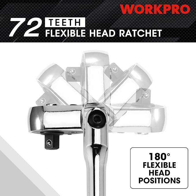 WORKPRO 1/4" Drive Flex Head Ratchet 72-Tooth Ratchet Flex Head with Chromium Plating Quick Release Reversible Design, 5 Degree Swing
