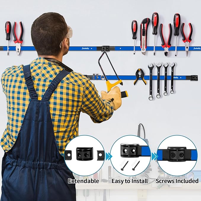 4 Pieces 24" Magnetic Tool Holder Strip, Blue Magnet Bar, Metal Tool Organizer Rack for Garage Organization, Easy To Install in Workshop, Mounting Screws Included