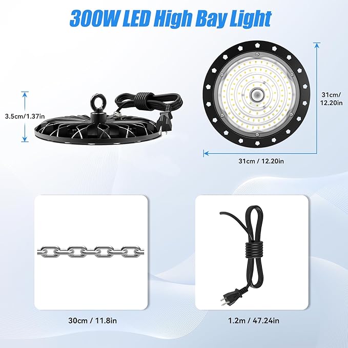 loyal 8 Packs 300W UFO LED High Bay Light, 30000LM LED High Bay Shop Light, 6000K Daylight LED Bay Light with 1.2M Cable US Plug, Commercial High Bay Lighting for Warehouse Workshop Garage Factory