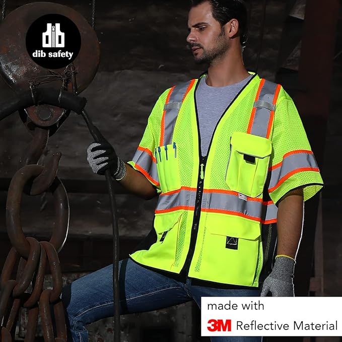 Dib Safety Reflective Mesh Vest ANSI Class 3, High Visibility with Pockets and Zipper, Made with 3M Reflective Tape, Yellow XL