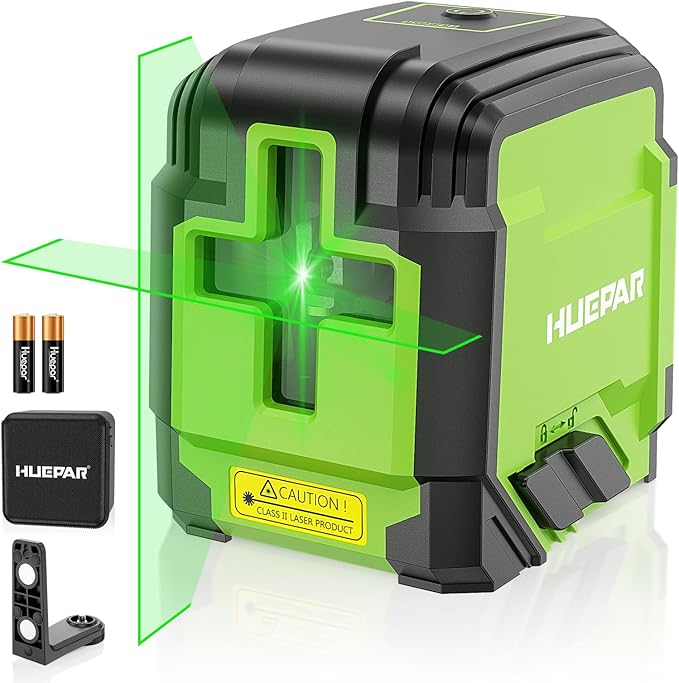 Laser Level, HUEPAR 98Ft Self Leveling Laser Level Green Line Laser Cross Line Laser Leveler Tool for Picture Hanging, Tile, Home Renovation, Indoor Project, Battery&Carrying Bag Includ with L-Bracket