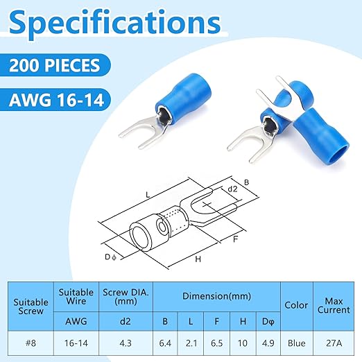 200 Pcs Insulated Fork Spade U-Type Wire Connectors, 16-14 AWG M4 Electrical Crimp Terminals, Stud Size #8 Size Blue Butt Connectors