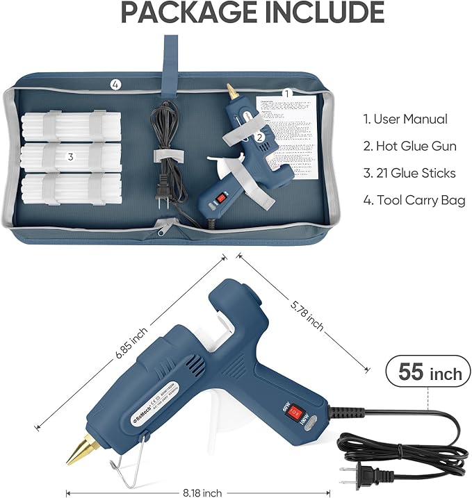 ROMECH Full Size Hot Glue Gun with 60/100W Dual Power and 21 Hot Glue Sticks (7/16"), Fast Preheating Heavy Duty Industrial Gluegun with Storage Case for Crafting, DIY and Repairs (Blue)