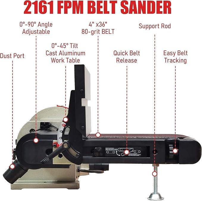 BUCKTOOL Bench Belt Sander with Rotating Base and Dust Collection Fitting, Belt Sander for Woodworking 4 in. x 36 in. Belt & 8 in. Disc with 3/4HP Direct-drive Motor with Rotating Base, BD4801