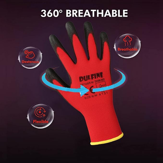 DULFINE Safety Work Gloves PU Coated-12 Pairs,Red Seamless Knit Glove with Polyurethane Coated Smooth Grip on Palm & Fingers, for Men and Women, Ideal for General Duty Work (Small)