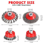 Wire Wheel Brush Set for 4-1/2" Angle Grinders, 3 & 4 Inch, 5/8-11 Thread, Knotted & Crimped Wire, 4-Pack,for Removing Rust, Paint,Corrosion, Burrs, Scales