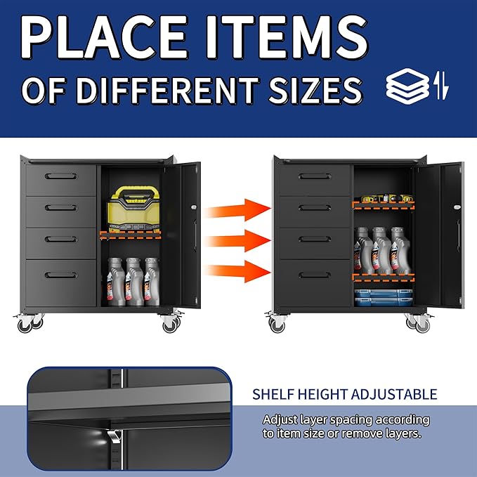 Metal Garage Storage Cabinet with Wheels,Locking Rolling Tool Cabinet with Drawers and Shelves for Home, Office, Garage & Workshop
