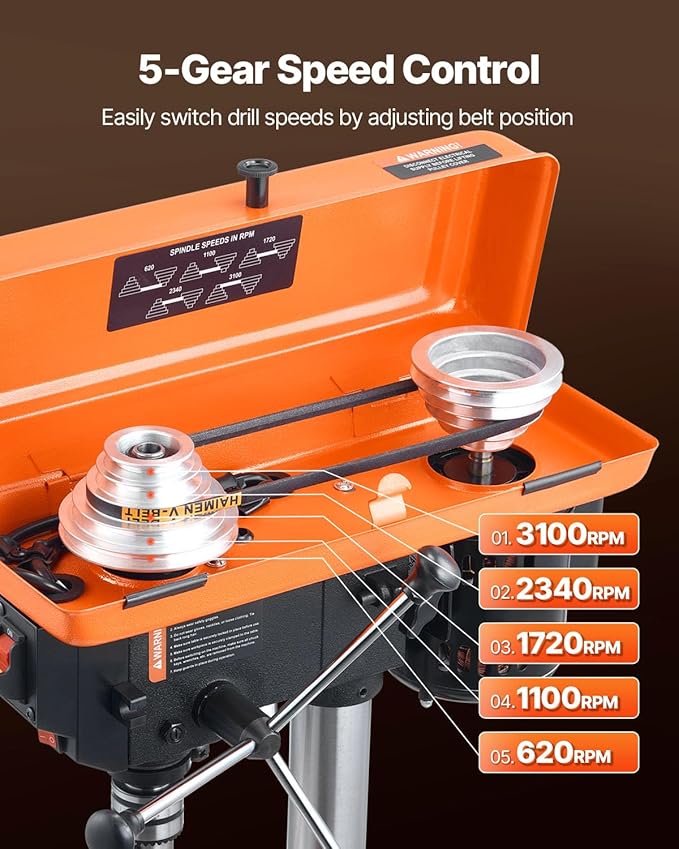 VEVOR 8 in Benchtop Drill Press, 2.3A Induction Motor, Tabletop Drilling Machine with 750/1140 / 1740/2340 / 3200 RPM Adjustable Speed, 0-45° Tilting Worktable, LED Work Light, for Wood Metal
