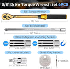 3/8-Inch Drive Torque Wrench Set, 10-45 FT.LB (13.6-61Nm), Magnetic Spark Plug Socket Set, 12-Point Sockets 14mm & 16mm, Spark Plug Gap Tool, ±3% Accuracy, 72-Tooth Torque Wrench for Motor, Car Repair