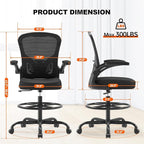 Ergonomic Drafting Chair, Tall Office Chair with Flip-up Armrests, Breathable Mesh High Desk Chair with Lumbar Support Adjustable Footrest Ring for Standing Desk Black