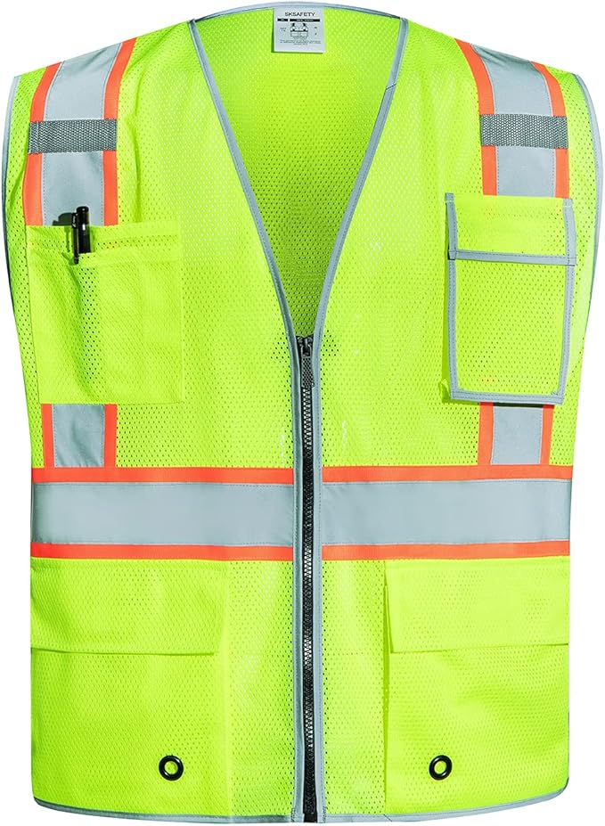 SKSAFETY 10 Pockets Safety Vest, Class 2 High Visibility Security with Zipper Double-sided mesh, Hi Vis Vest with Reflective Strips, ANSI/ISEA Standard, Construction Work Vest （Lime, L）