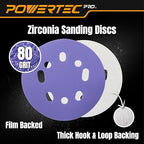 POWERTEC PRO 50PK, 5 Inch Sanding Discs Hook and Loop, 80 Grit, Zirconia Orbital Sander Sandpaper for 5 & 8 Hole Random Orbital Sanders - Automotive, Paint, Metal, Woodworking (45308Z-50)