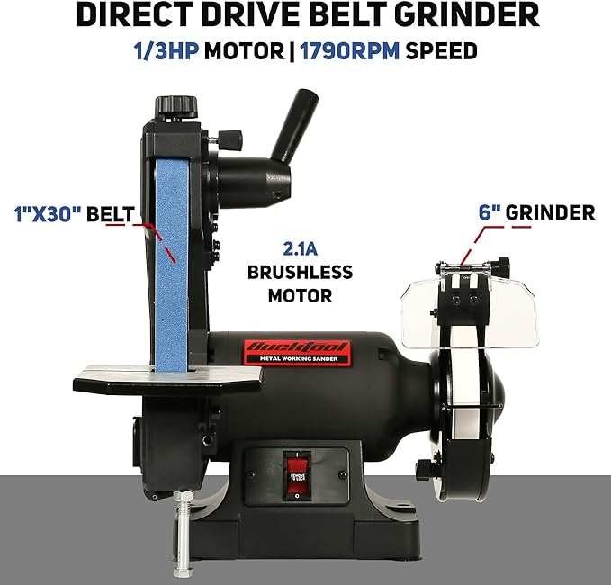 Bucktool Low Speed Bench Belt Grinder Combo, 2.1A 1x30 inch Belt & 6 inch Grinder, 1/3 HP Low Speed Bench Belt Disc Sander Combo for Knife Making, Sharpening, Woodworking, Metalworking