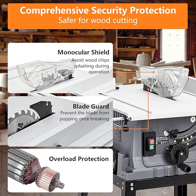 10 Inch Table Saw with Stand, 15 Amp 5000RPM Portable Table Saw, 90°Cross Cut & 0-45°Bevel Cut, Adjustable Depth, Multifunctional Saw for Woodworking, Metal, Plastic, Grey