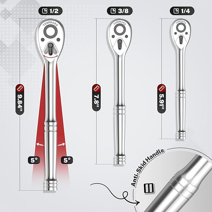 TOMMARS 3/8 inch Drive Ratchet, 72-Tooth Quick-Release Socket Ratchet Wrench Handle Reversible