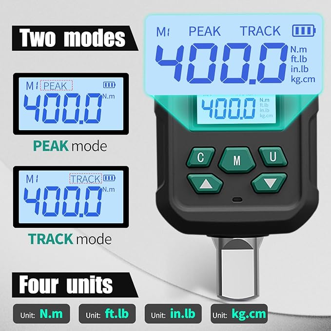 1/2-Inch Drive Digital Torque Adapter, 15-295 ft-lb (20-400 Nm), ±2% Accuracy - High-Torque Meter Gauge & Checker with Buzzer & LED for Truck, Tractor, Farm Equipment & Automotive Lug Nuts