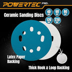 POWERTEC PRO 50PK, 5 Inch Sanding Discs Hook and Loop, 40/60/80/120/220 Grit, Ceramic Orbital Sander Sandpaper for 5 & 8 Hole Random Orbital Sanders - Automotive, Paint, Metal, Woodworking (45300C-50)