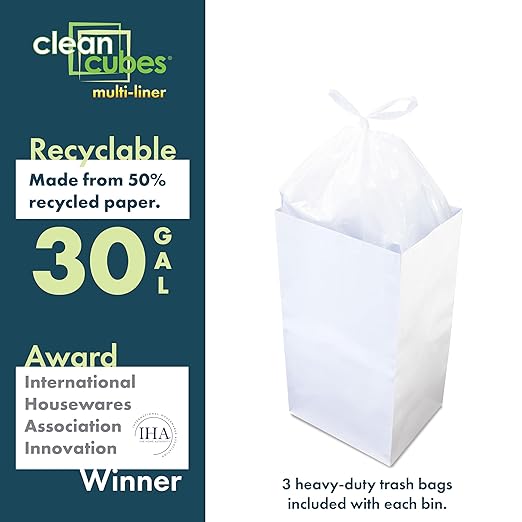 30 Gallon Multi-Liner Disposable Trash Cans (3-Pack) with Fitted Trash Bags - Reusable Garbage and Recycling Bins for Parties, Events, and More (White - 17" Height x 14" Width x 30" Depth)