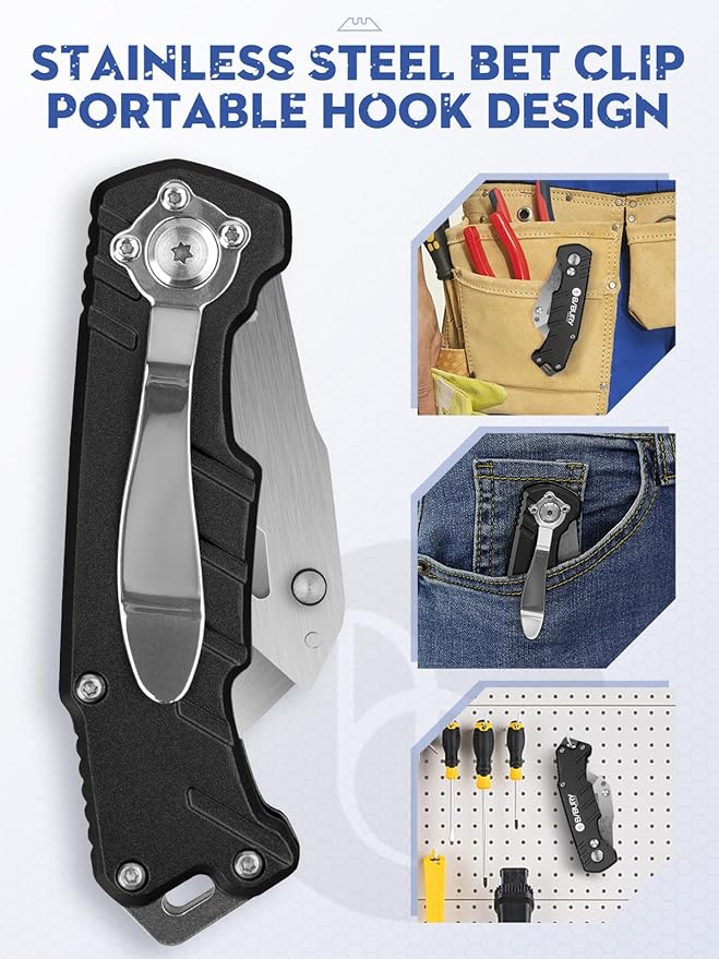 Utility Knife, BIBURY Upgraded Version Heavy Duty Box Cutter, Pocket Carpet knife with 10 Replaceable SK5 Stainless Steel Blades, Belt Clip, Easy Release Button, Quick Change and Safety Lock